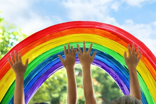 Children Touching Picture Rainbow Window Closeup Stay Home Concept — Stock Photo, Image