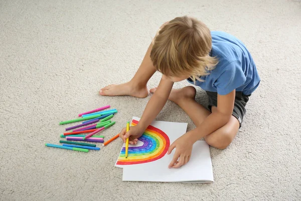 Little Boy Drawing Rainbow Floor Indoors Stay Home Concept — Stock Photo, Image