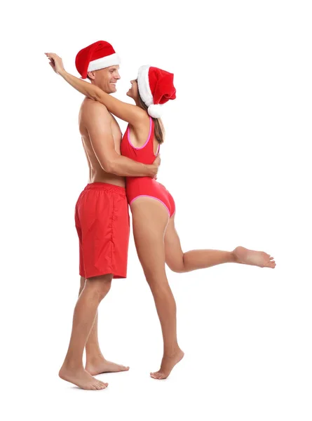 Happy Couple Santa Hats Together White Background Christmas Vacation — Stock Photo, Image