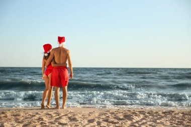 Noel Baba şapkalı sevimli bir çift sahilde, arka manzara. Noel tatili