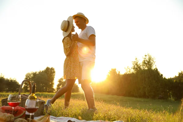 Glada Par Dansar Picknick Parken — Stockfoto