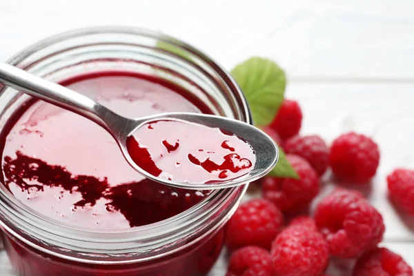 Sweet Raspberry Jam Fresh Berries White Wooden Table Closeup — Stock Photo, Image