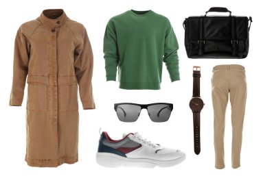 Beyaz arka planda şık kıyafetler. Sonbahar görünümü