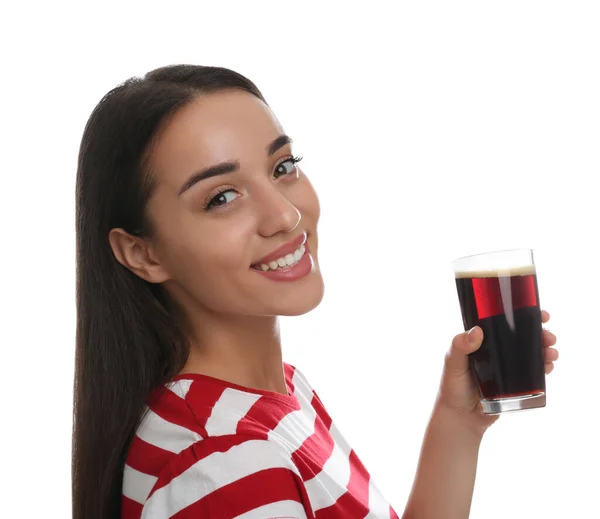 Hermosa Mujer Con Kvass Frío Sobre Fondo Blanco Bebida Tradicional —  Fotos de Stock