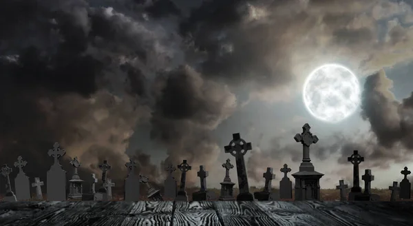 Ahşap Yüzey Eski Ürkütücü Mezar Taşlarıyla Mehtaplı Mezarlık Cadılar Bayramı — Stok fotoğraf
