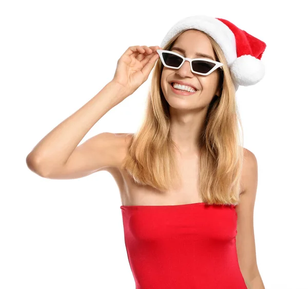 Jovem Mulher Usando Chapéu Papai Noel Fundo Branco Férias Natal — Fotografia de Stock