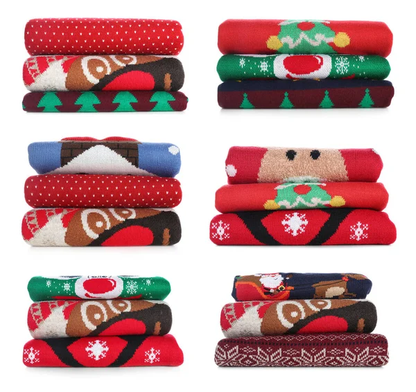 Set Folded Christmas Sweaters White Background — Stock Photo, Image