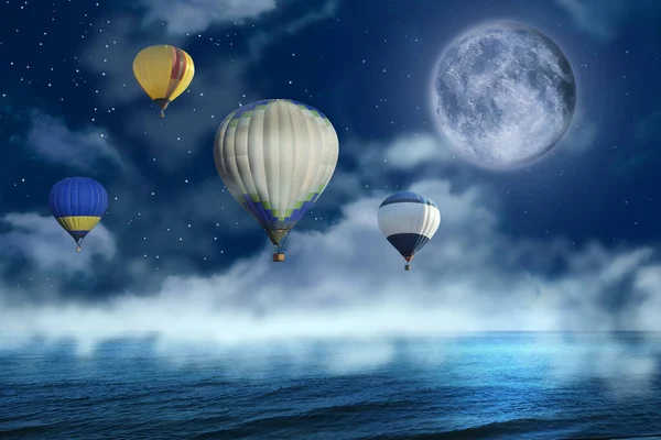 Mundo Dos Sonhos Balões Quente Céu Noturno Com Lua Cheia — Fotografia de Stock