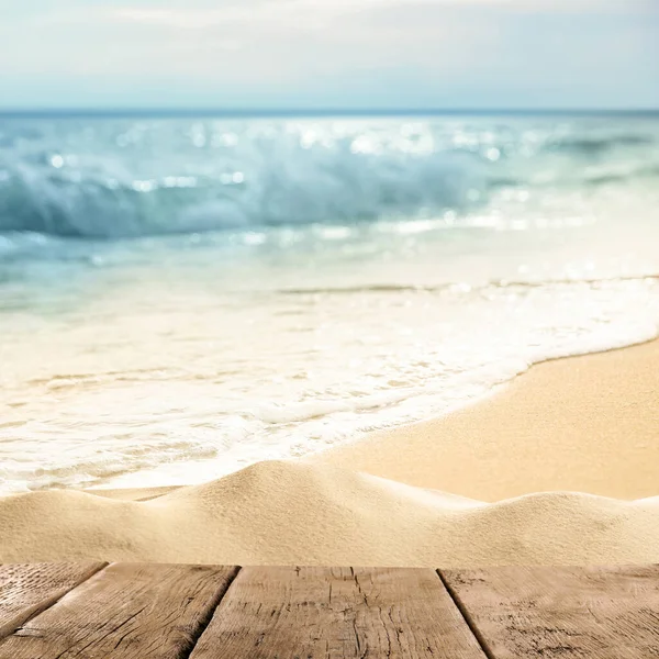 Wooden Surface Sandy Beach Ocean — Stock Photo, Image