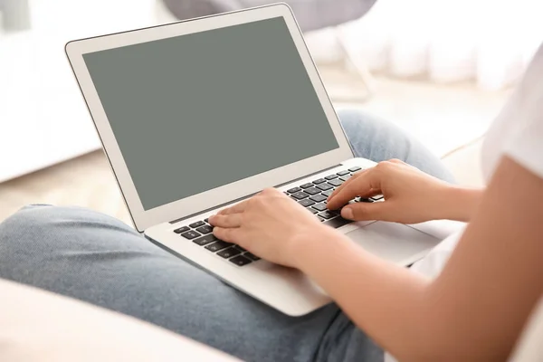 Woman Working Modern Laptop Indoors Closeup Space Design — Stock Photo, Image