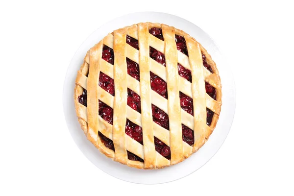 Delicious Fresh Cherry Pie Isolated White Top View — Stock Photo, Image