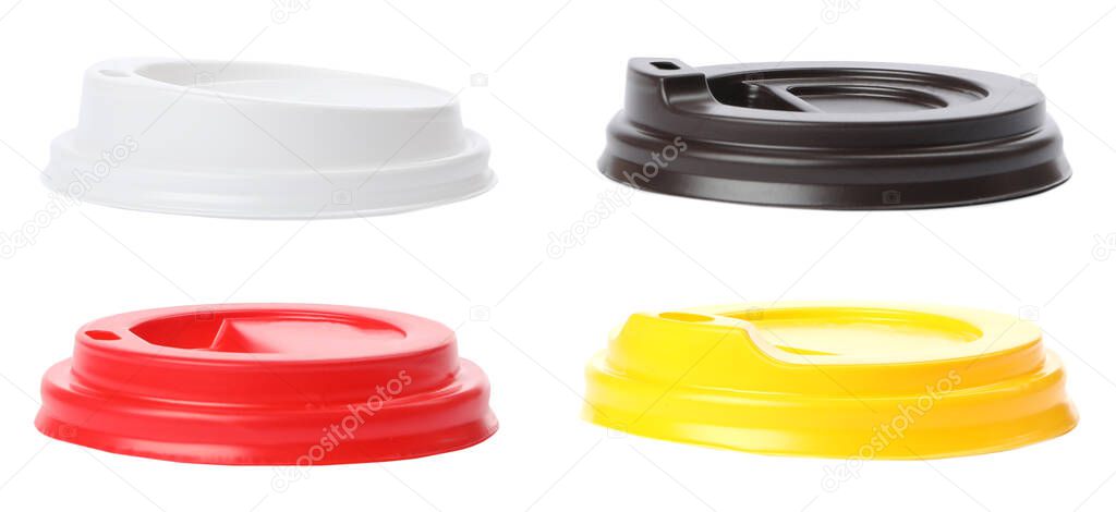 Set of plastic lids for takeaway cups on white background. Banner design