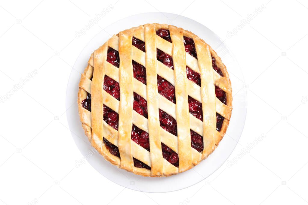 Delicious fresh cherry pie isolated on white, top view