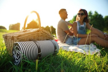 Parkta piknik yapan mutlu çift, sepete odaklan.