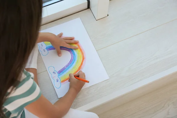 Little Girl Drawing Rainbow Indoors View Stay Home Concept — Stock Photo, Image