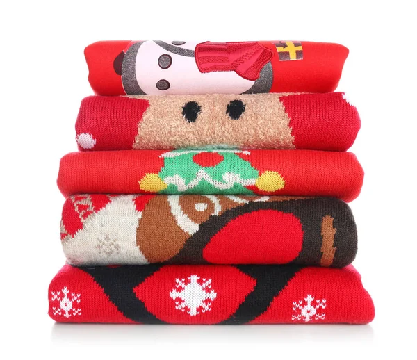 Stack Warm Christmas Sweaters Isolated White — Stock Photo, Image