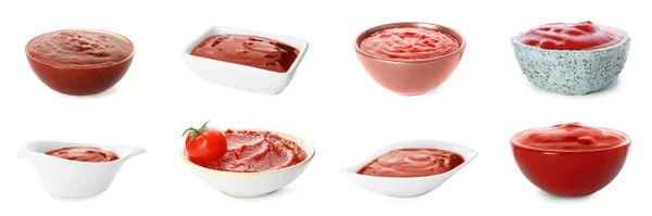 Set Tomato Sauces Bowls White Background Banner Design — Stock Photo, Image
