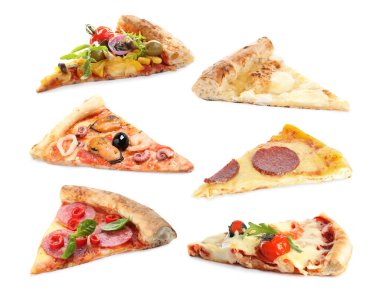 Beyaz arkaplanda farklı pizza parçalarıyla ayarlandı 