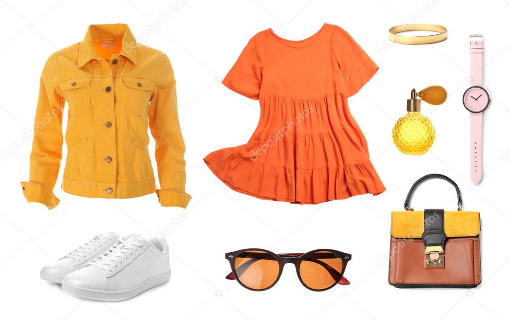 Stylish look. Collage with dress, denim jacket, shoes, accessories and perfume for woman on white background