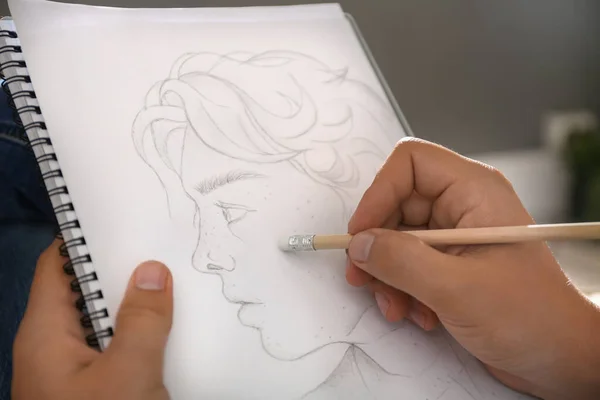 Man Drawing Portrait Pencil Notepad Indoors Closeup — Stock Photo, Image