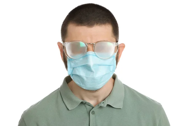 Man Foggy Glasses Caused Wearing Disposable Mask White Background Protective — Stock Photo, Image