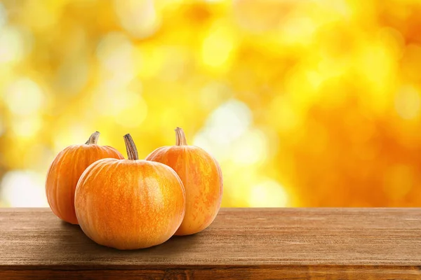 Wooden Table Fresh Pumpkins Outdoors Sunny Autumn Day Space Text — Stock Photo, Image