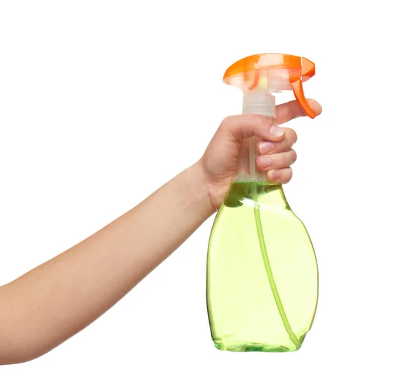 Woman Holding Spray Bottle Detergent White Background Closeup — Stock Photo, Image