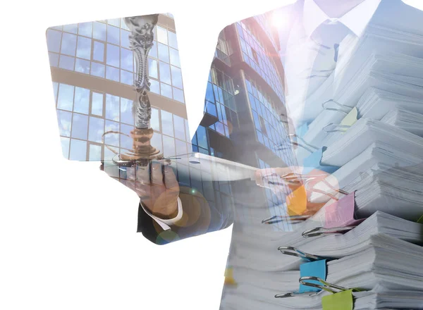 Multiple exposure of man with laptop, documents and building, closeup