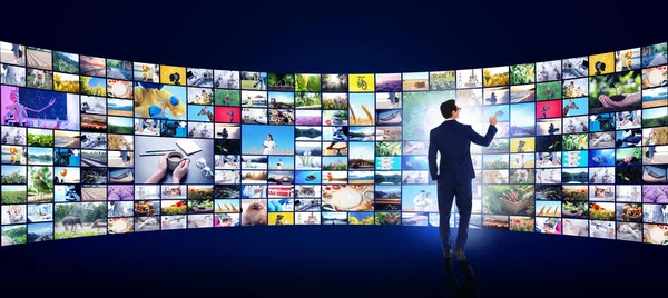 Media Library Concept Man Using Virtual Video Gallery Banner Design — Stock Photo, Image