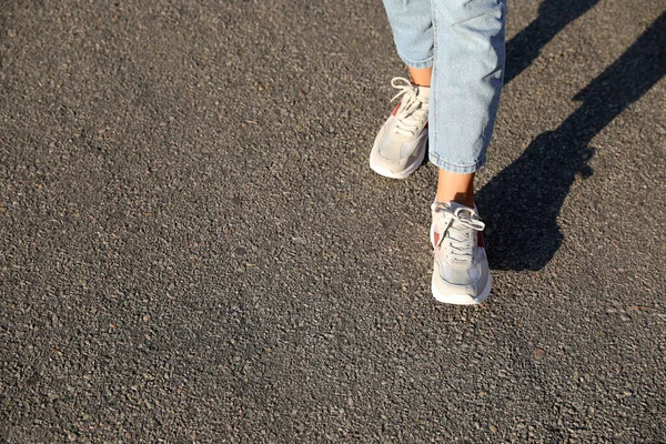 Woman Walking Outdoors Closeup Space Text Choosing Way Concept — Stock Photo, Image