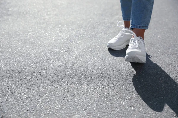 Woman Walking Outdoors Closeup Space Text Choosing Way Concept — Stock Photo, Image