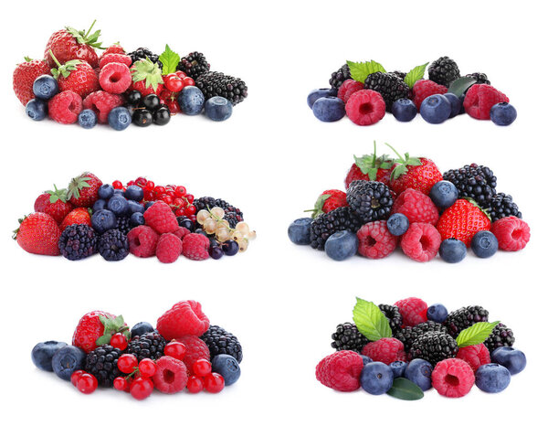 Set of different mixed berries on white background