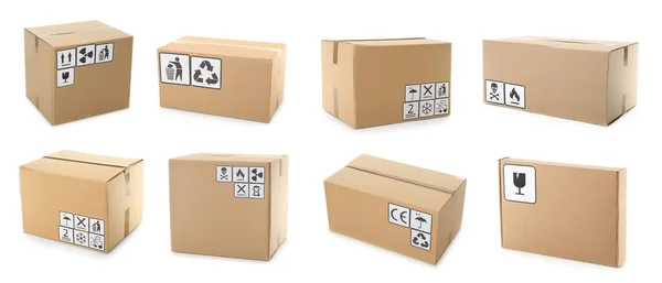 Conjunto Caixas Papelão Com Símbolos Embalagem Sobre Fundo Branco Design — Fotografia de Stock