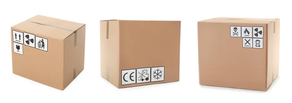 一套纸板箱 白色底座上有包装符号 条幅设计 — 图库照片