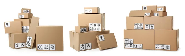 Conjunto Caixas Papelão Com Símbolos Embalagem Sobre Fundo Branco Design — Fotografia de Stock