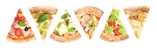 Set Bucăți Pizza Diferite Fundal Alb Vedere Sus Design Bannere — Fotografie, imagine de stoc