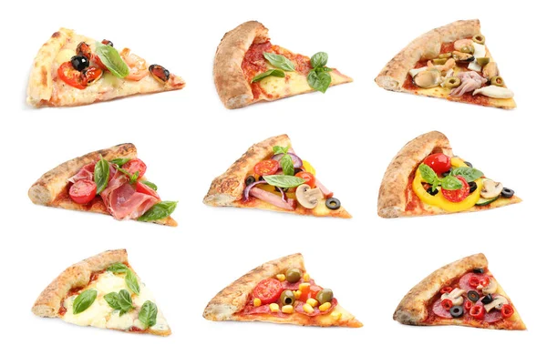 Conjunto Com Pedaços Diferentes Pizzas Sobre Fundo Branco — Fotografia de Stock