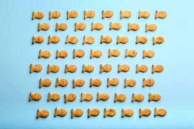 Açık mavi arka planda leziz akvaryum balığı krakerleri.