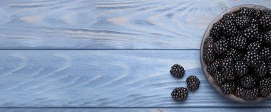 Fresh ripe blackberries on blue wooden table, flat lay. Space for text clipart