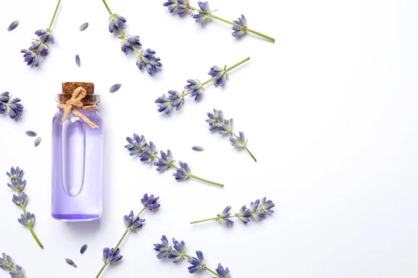 Sammansättning Med Lavendel Blommor Och Naturlig Eterisk Olja Vit Bakgrund — Stockfoto