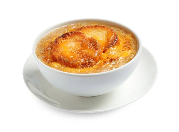 Tasty Homemade French Onion Soup Isolated White — Stock Photo, Image