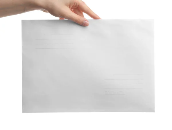 Mulher Segurando Envelope Papel Fundo Branco Close — Fotografia de Stock