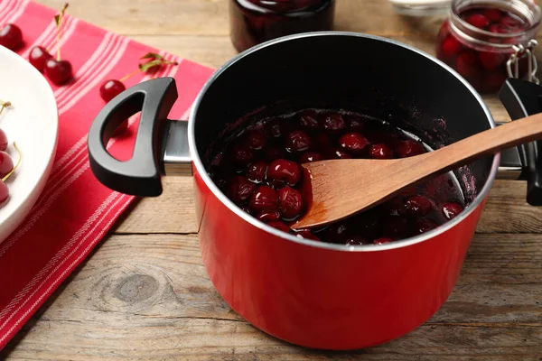 Pot Cherries Sugar Syrup Wooden Table Making Delicious Jam — Stock Photo, Image