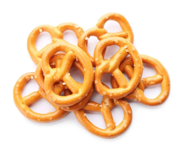 Delicious Crispy Pretzel Crackers Isolated White Top View — Stock Photo, Image