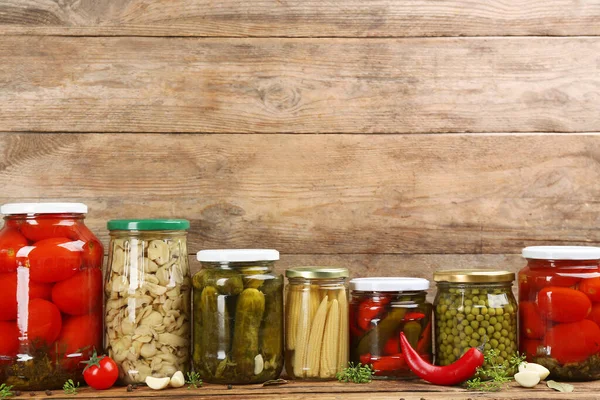 Jars Pickled Vegetables Wooden Table — Stock Photo, Image