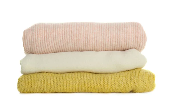 Stack Different Warm Sweaters Isolated White — Stock Photo, Image