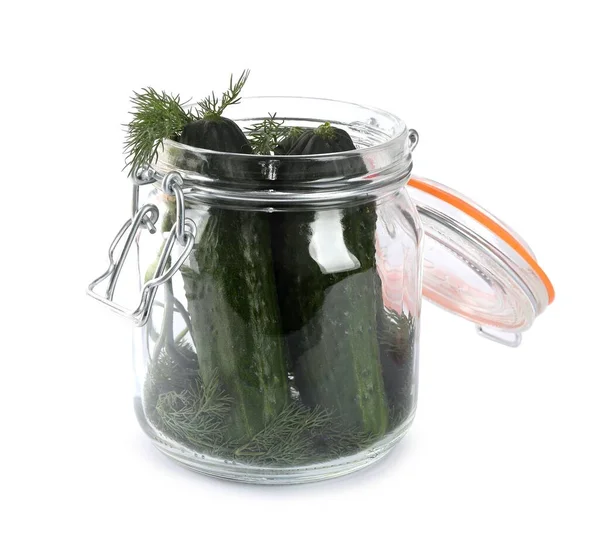 Pickling jar with fresh ripe cucumbers isolated on white — Stock Image Pickling Jar Fresh Ripe Cucumbers Isolated White Royalty Free Stock Photos