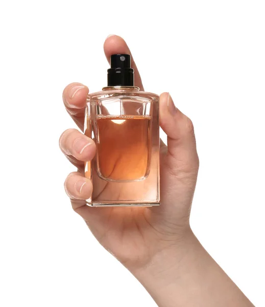 Mulher Com Frasco Perfume Sobre Fundo Branco Close — Fotografia de Stock