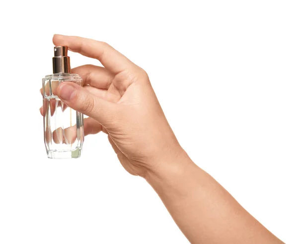 Mujer Con Botella Perfume Sobre Fondo Blanco Primer Plano — Foto de Stock