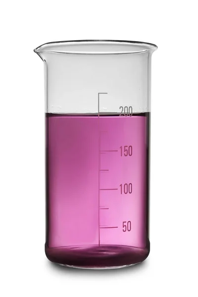 白色に分離された紫色の液体サンプルを持つガラスビーカー 研究室分析 — ストック写真